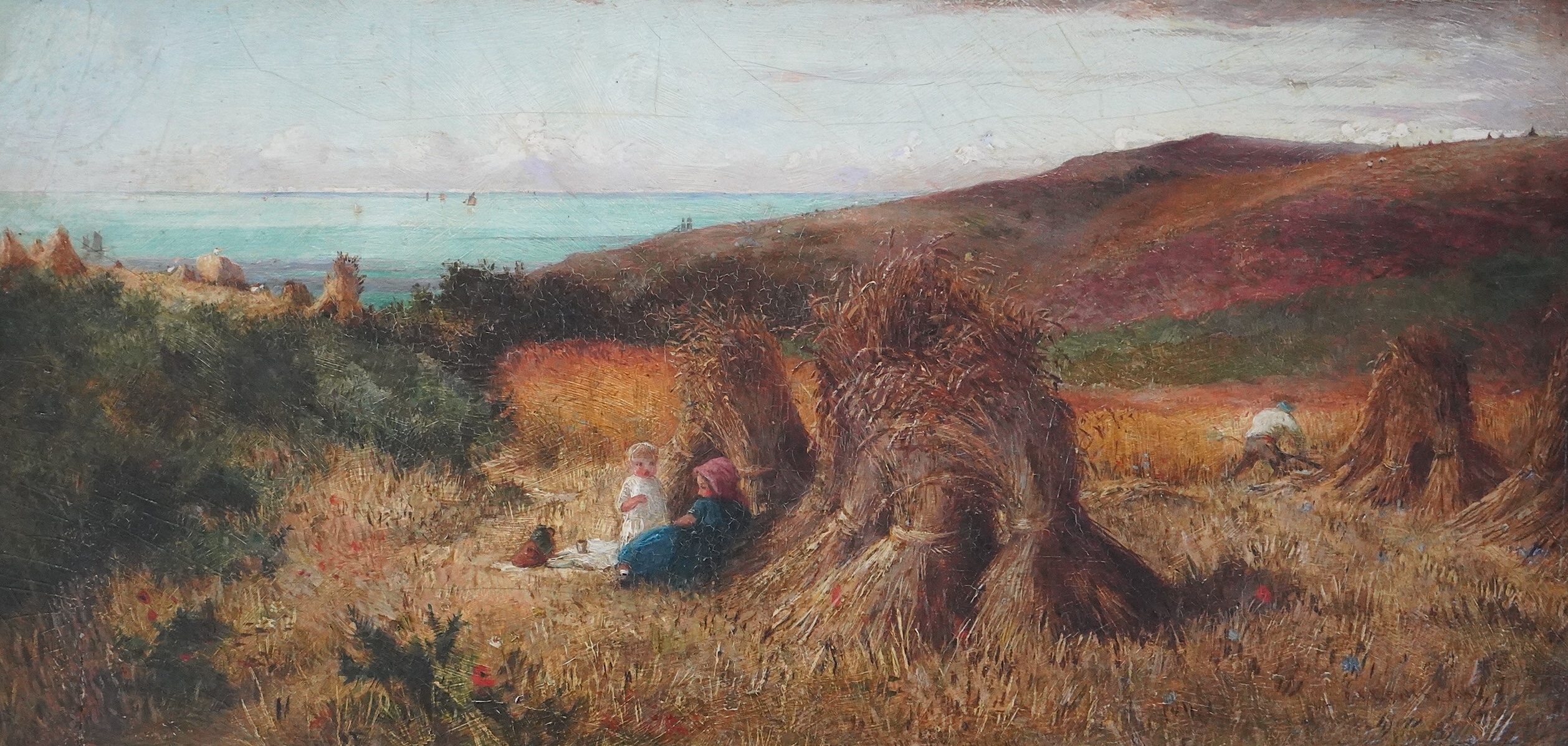 Charles James Lewis (British, 1830-1892), Harvest field, Guernsey, oil on wooden panel, 24 x 49.5cm